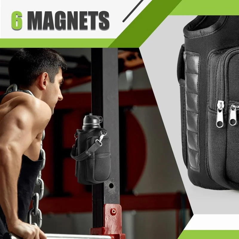 Magnetic Water Bottle Carrier with Shoulder Strap and Phone Pocket - Features 6 Built-In Magnets