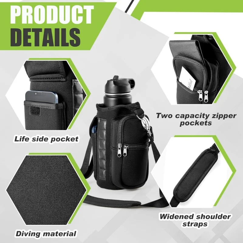 Magnetic Water Bottle Carrier with Shoulder Strap and Phone Pocket - Features 6 Built-In Magnets