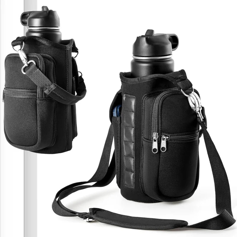 Magnetic Water Bottle Carrier with Shoulder Strap and Phone Pocket - Features 6 Built-In Magnets