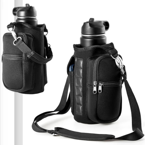 Magnetic Water Bottle Carrier with Shoulder Strap and Phone Pocket - Features 6 Built-In Magnets